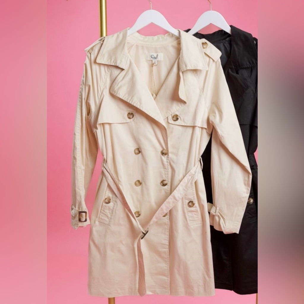 Long Sleeve Woven Collared Trench Coat W/ Belted Waist - Small